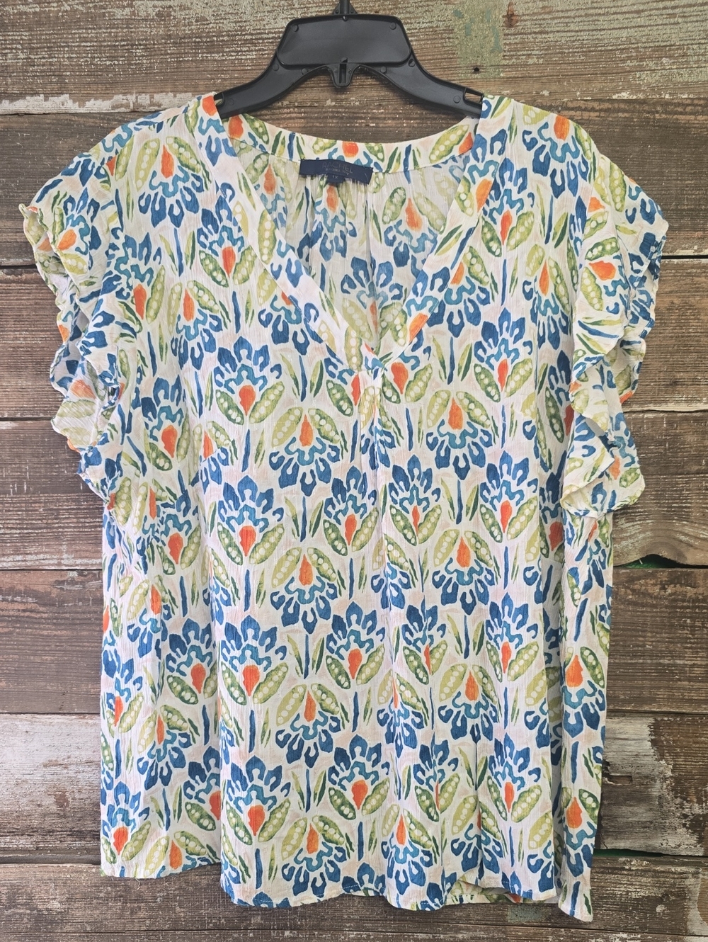 RACHEL Rachel Roy Floral V-Neck Flutter Sleeve Top in Blue, Green & Coral, Sz 1X - Picture 1 of 3